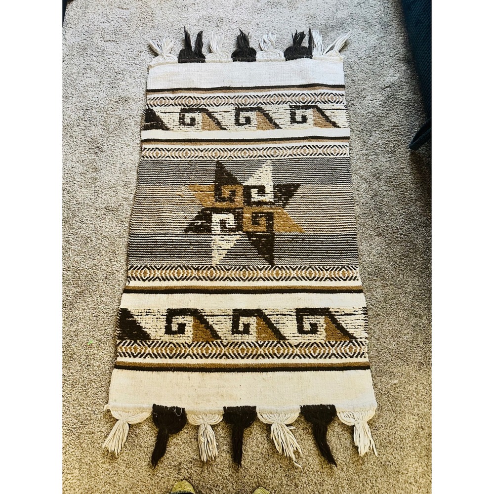 Southwestern Handwoven Wool Rug Star Geometric Tassel Cream Brown Mexico Boho